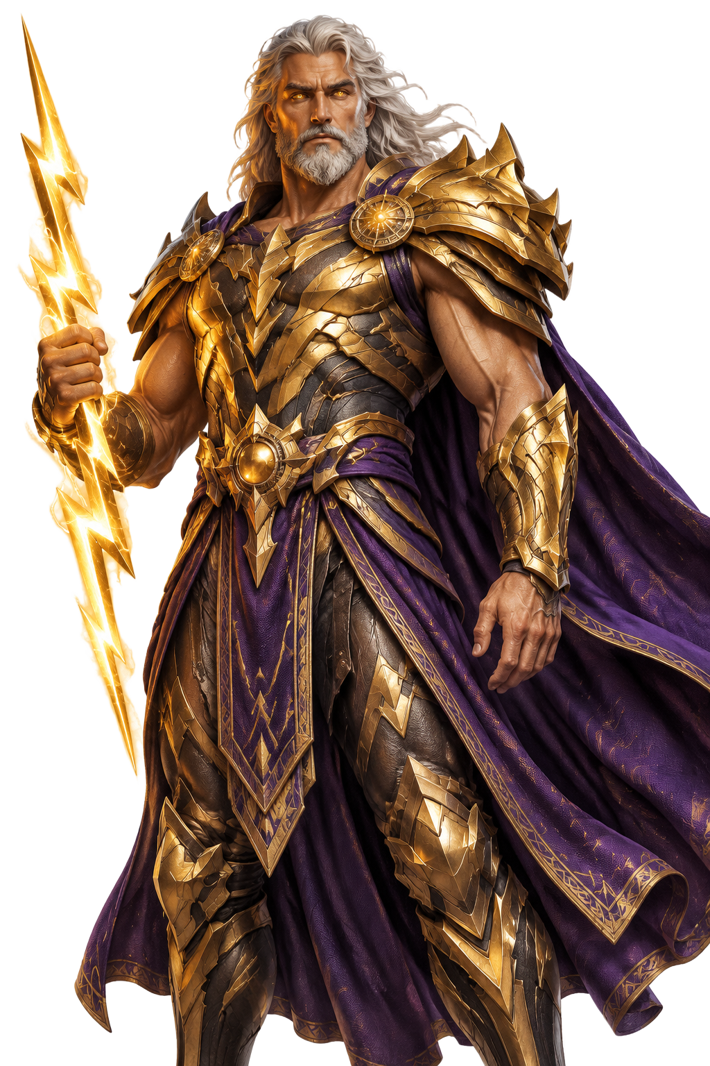An original thunder god in golden armor holding a glowing lightning bolt